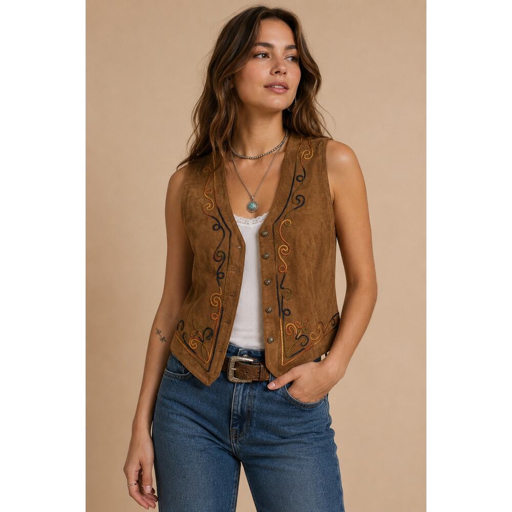 Ali Miles Brown Suede Leather Vest Embroidered Boho Western Festival Small